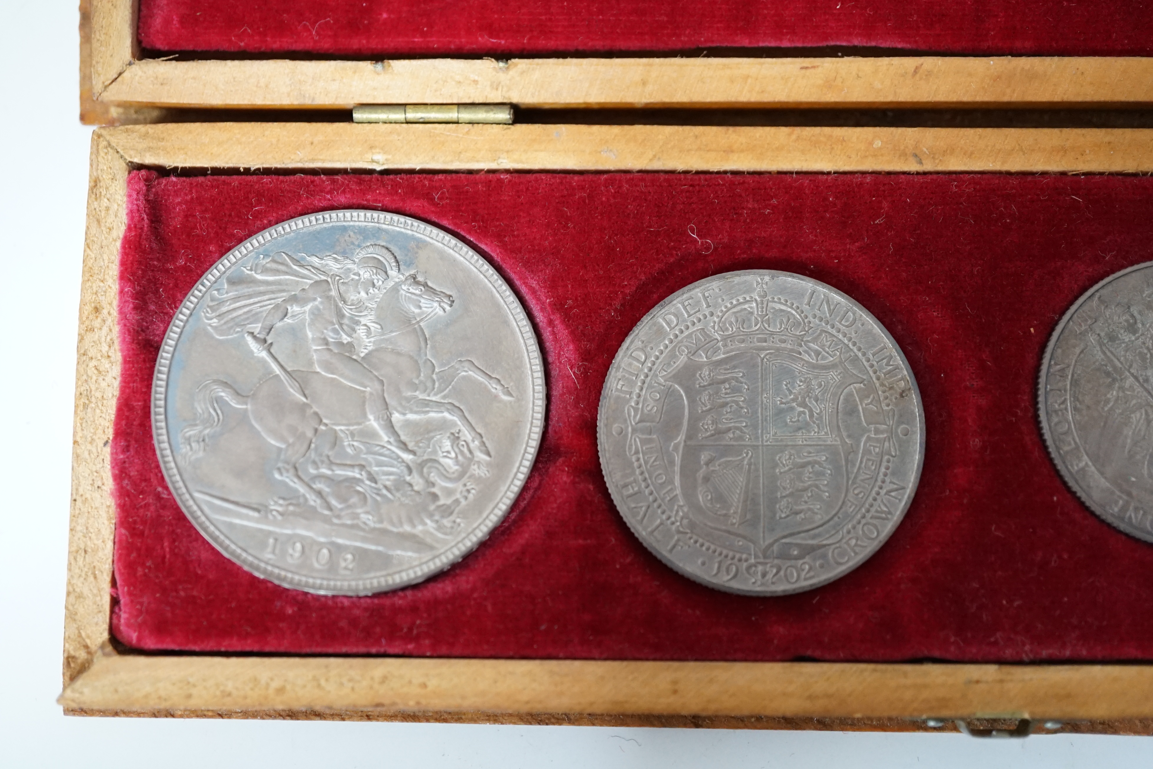 British silver proof coins, 1902 Edward VII matt proof six coin set ranging from crown to sixpence and a maundy fourpence, dark toning, associated case